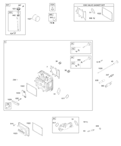 Cylinder Head Group, Intake Manifold, Oil Group, Valve Gasket Kit Diagram and Parts List for 28W707-0122-XX  Briggs and Stratton Engine